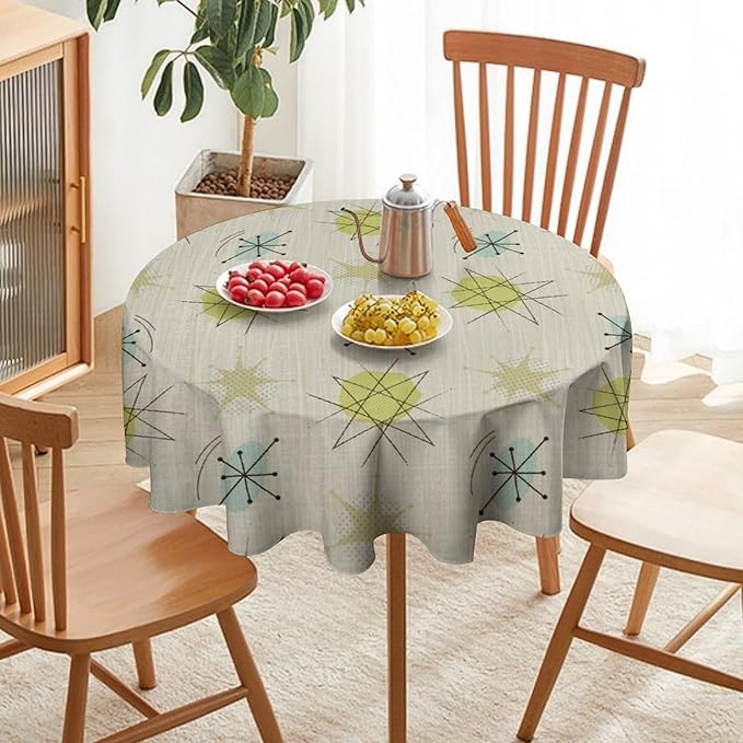 Mid Century Retro Round Tablecloth, Modern 1950s Style Abstract Geometric Vintage Print Tablecloth for Home Party Dining Room Kitchen Decor 60Inch(152cm)