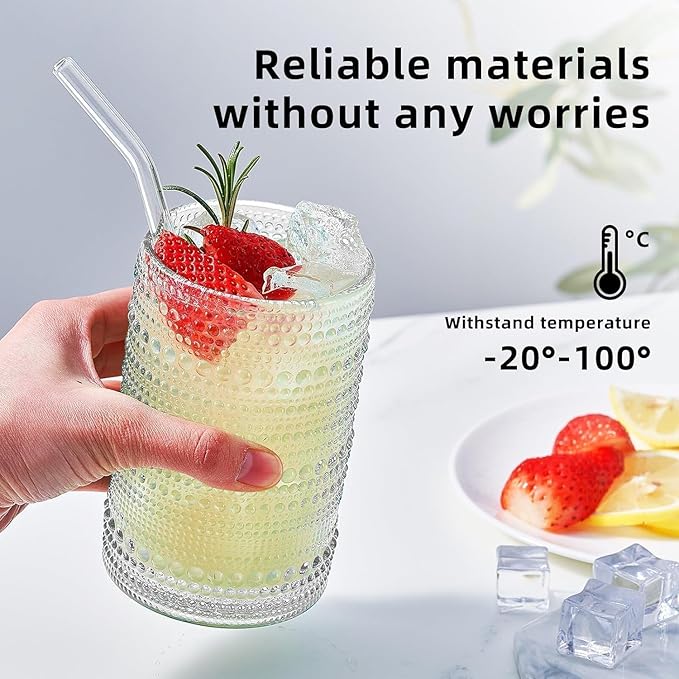 Vintage Hobnail Drinking Glasses Set of 12, 15oz Textured Tumblers - Embossed Clear Bar Glasses for Cocktails, Beer, Whiskey, Dishwasher-Safe Highball Cups for Kitchen, Juice & Mixed Drinks