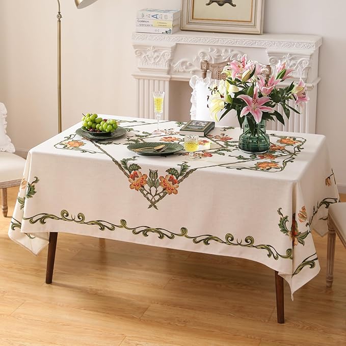 patdrea Designer Vintage Linen Rectangle Tablecloth,French Floral Tablecloths,Wrinkle Free Table Cloth,Decorative Table Cover Cloth for Kitchen,Dining,Tea Party,Home,Christmas,67"*118"