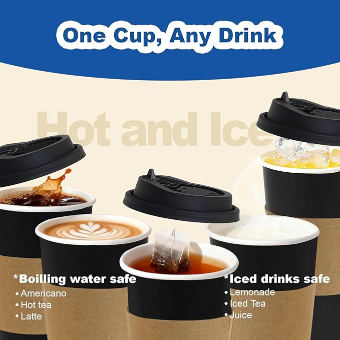16 oz 50 Pack Coffee Cups with Lids and Sleeves, Straws, Hot Disposable To Go Travel Paper Cups Bulk for Office, Home Coffee Bar Accessories, Chocolate, Cocoa, Beverage (Black)