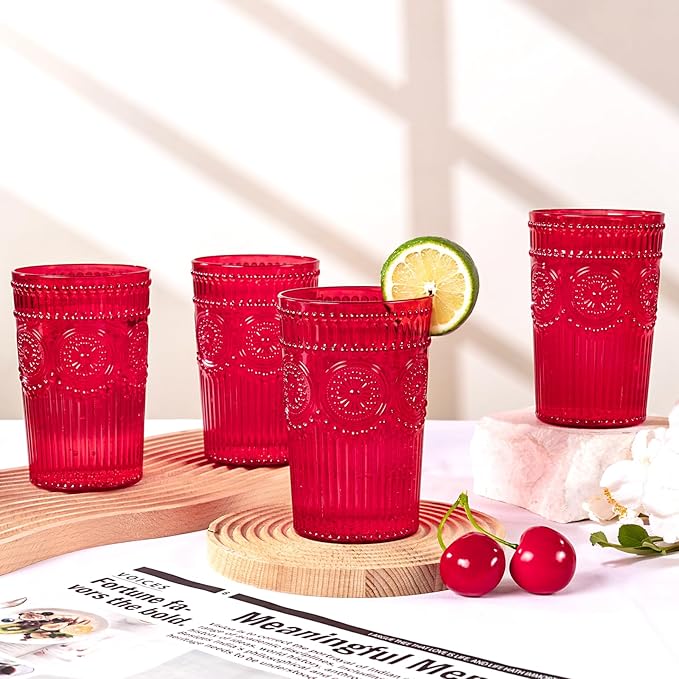 Ciaell 12 Pack Romantic Plastic Water Glasses - 14 Oz Red Vintage Drinking Glasses, Embossed Ribbed Plastic Cups, Textured Striped Set for Juice, Beverages, Beer, Cocktail & Valentine's Day