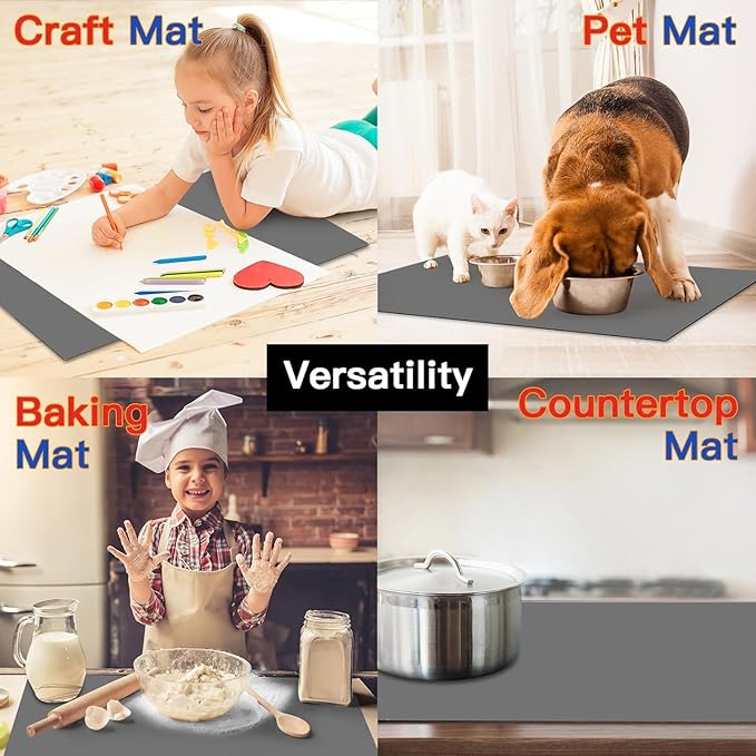 2MM Thick Silicone Countertop Mat, 23.6"x 23.6" Silicone Mats for Kitchen Counter, Nonslip Heat Resistant Mat, Large Kitchen Counter Mats, Waterproof Countertop Protector, Black