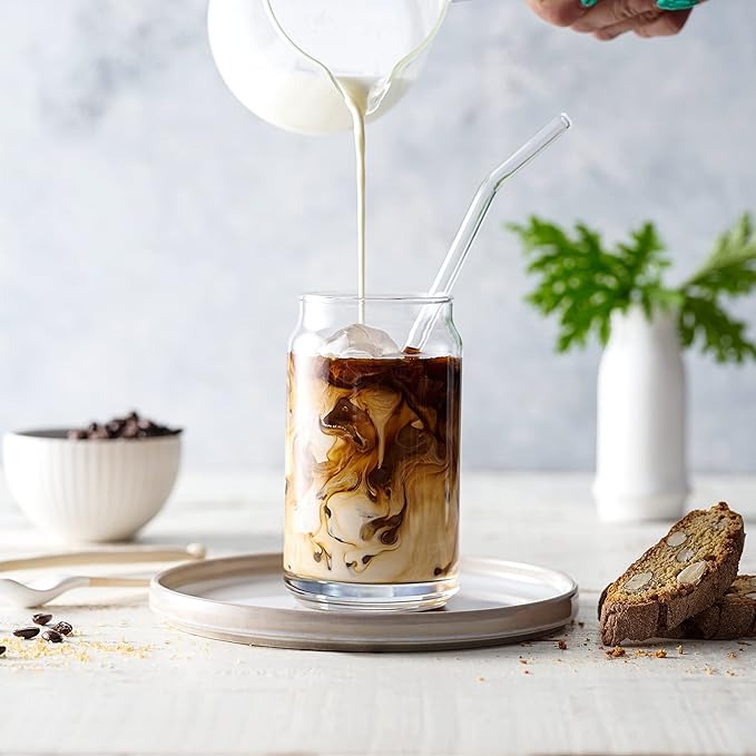 Le'raze Set of 4 Patented Can Shaped® Drinking Glasses with Glass Straws - 16oz Iced Coffee & Tea Glass Cups, Clear Whiskey Soda Tumblers, Beer Glasses.