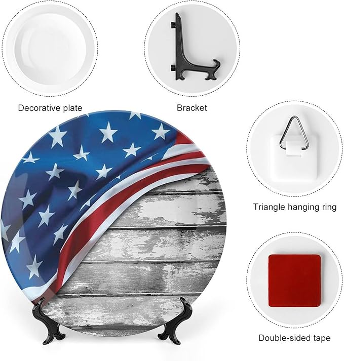 Decorative Plates, American Flag Decor Print Ornament, Flag Over Antique Rustic Rippled Board, 7 Inch, 1 Plate with 1 Display Stand, Grey Navy