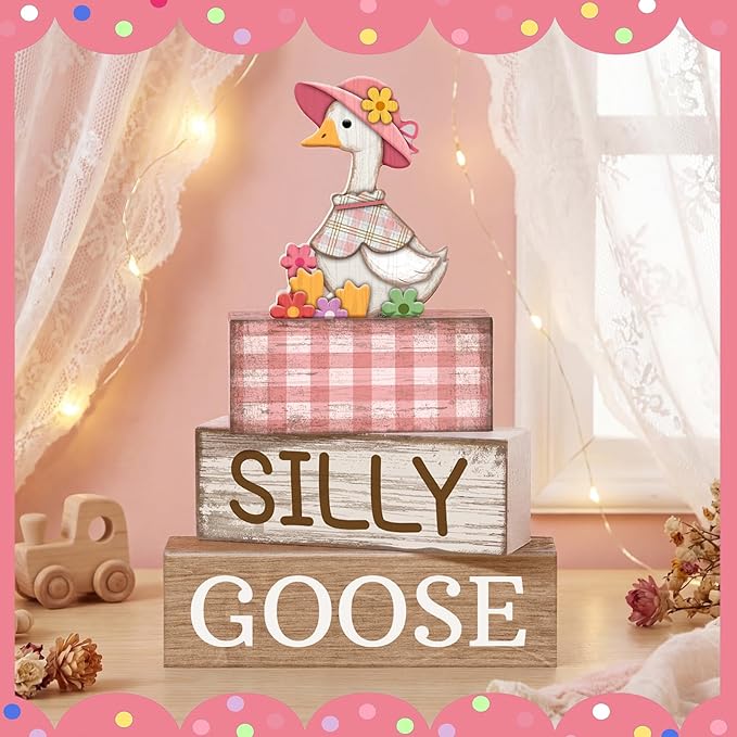 4 Pcs One Silly Goose Birthday Party Decoration Wood Silly Goose Table Sign Pink Baby Shower Tiered Tray Decor Tabletop Centerpieces for First Birthday Baby Shower Home Shelf Office
