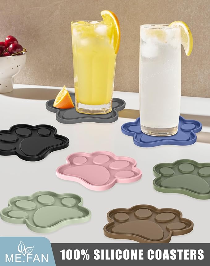 ME.FAN Silicone Coasters 6 Pack Paw Cup Mat with Holder, Dog Cat Paw Shape, for Hot or Cold Drink, Non-Slip, Non-Stick, Room Decor, Housewarming Navy Blue