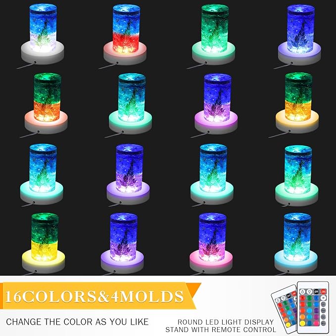 Riakrum 4 Pieces Wood LED Display Light Base Crystal Display Base Stand Remote Control Round 16 Lighting Modes Wooden Lighted Holder Colorful Pedestal for Crystal Glass Resin Ball(White)