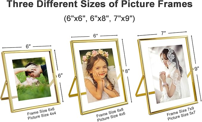 Gold Floating Picture Frames - Set of 3, for Photo Size 4×4, 4×6, 5×7, Vertical Tabletop Display, Double Glass Metal Frame for Wedding, Home or Office Desk Decoration (Gold)