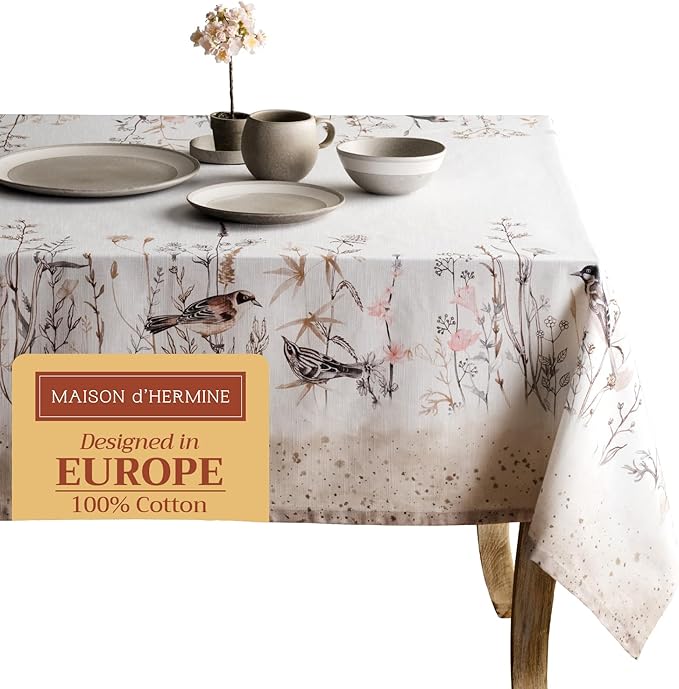Maison d' Hermine Table Cloth Rectangle Table 100% Cotton 54 x 72 Inches Tablecloth Reusable Decorative for Dining Room Farmhouse Home Valentines Day Decorations Spring Summer - Meadow Florals - Brown