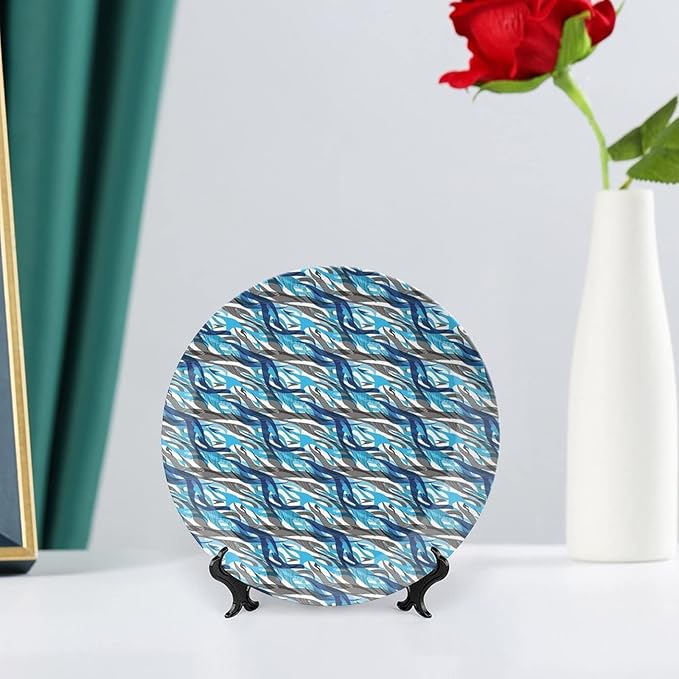 Ceramic Display Plate, Abstract Ceramic Hanging Decorative Plate, Modern Art Stripes Swirls Waves Trippy, 7 Inch, Living Room Kitchen Decoration Household, Grey Blue White