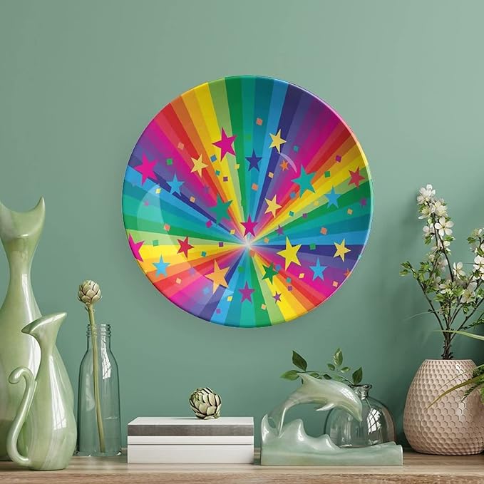 Decorative Plates, Abstract Decor Print Ornament, Abstract Rainbow and Stars Confetti Rays Striped, 8 Inch, Kitchen Wall Decor, Multy