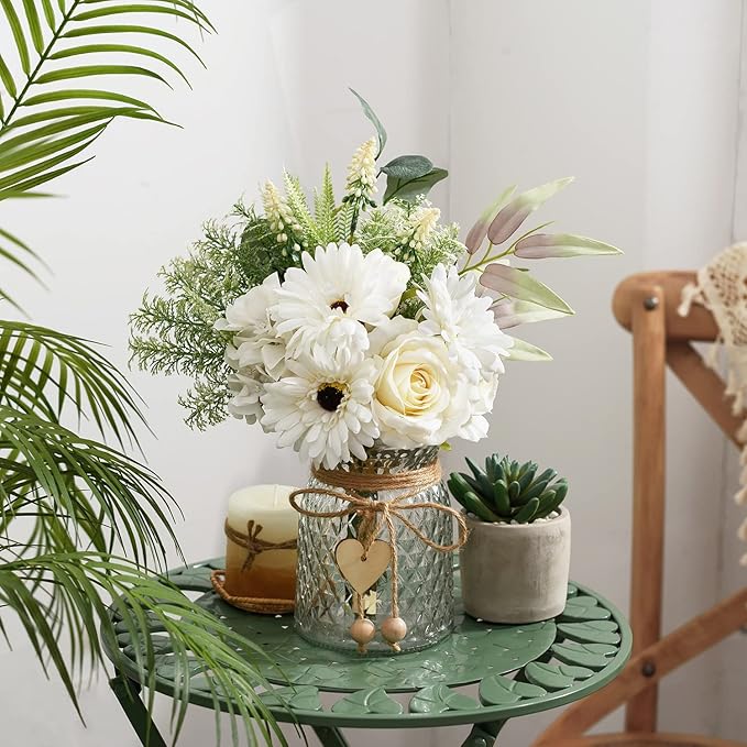 Artificial White Flowers with Vase, Fake Flowers Arrangement for Home Decor, Faux Flowers for Farmhouse Coffee Table Decor, House Kitchen Centerpiece Table Decorations