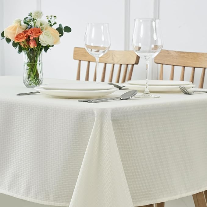 maxmill Rectangle Tablecloth Weaved Pattern Waterproof Spillproof Wrinkle Free Table Cloth, Kitchen Dining Tabletop Decoration, Fabric Table Cover for Holiday Parties, 52 x 108 Inch, Ivory