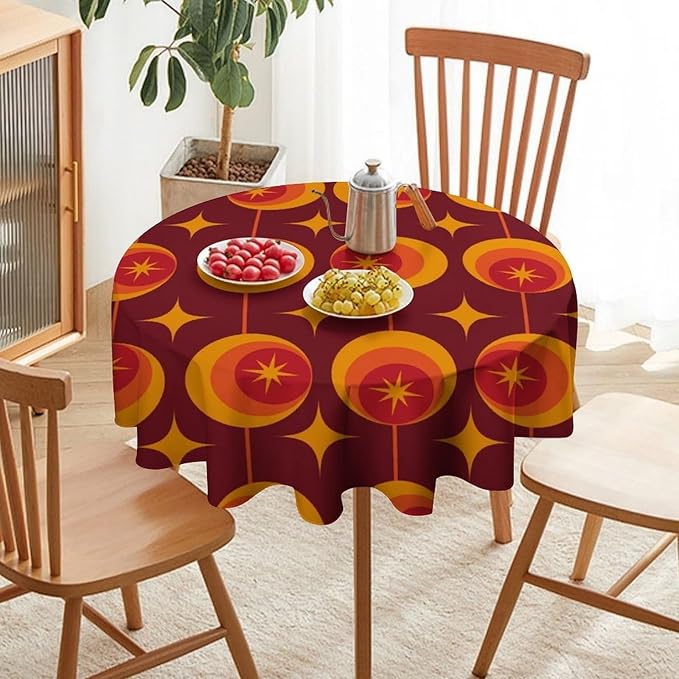 Modern Mid Century Round Tablecloth, Abstract Vintage Geometric Print Tablecloth for Home Party Dining Room Kitchen Decor 60Inch(152cm)