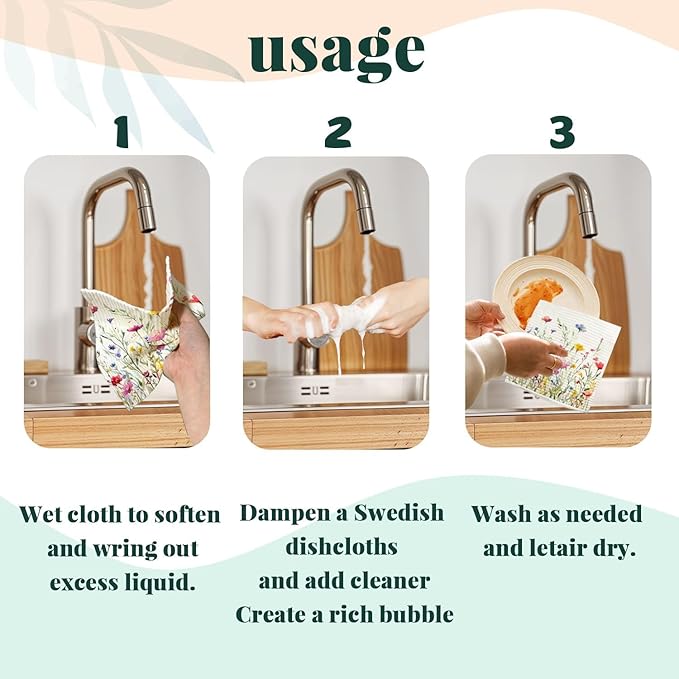 Flowers Swedish Dishcloths for Kitchen, Papaya Reusable Paper Towels, 4 Pack Wildflowers Watercolor Dish Cloths, Washable