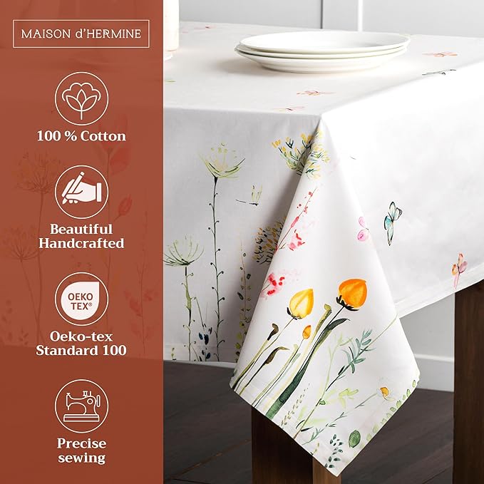 Maison d' Hermine Table Cloth Rectangle Table 100% Cotton 60 x 108 Inches Tablecloth Reusable Decorative for Dining Room Farmhouse Home Valentines Day Decorations Spring Summer - Botanical Fresh