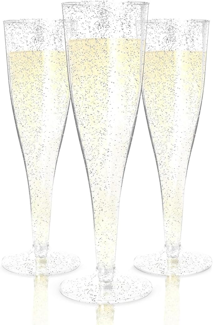 Prestee 24 Champagne Flutes Plastic - Disposable Flute - Silver Glitter Plastic Glasses for Parties - Mimosa Bar, Wedding, Shower Party, New Years Eve Party Supplies 2025 (Silver)