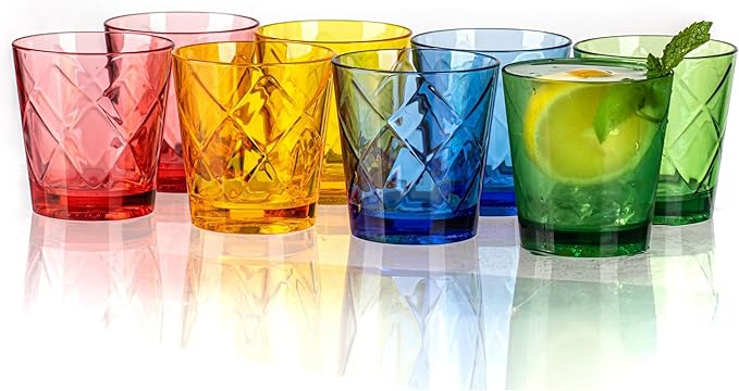 11oz Acrylic Glasses Drinkware (Set of 8), Diamond-pattern Shatter-Proof Plastic Tumblers, Reusable Plastic Stemless Wines Cups, Stackable, BPA-Free, Dishwasher-Safe (Muticolor)