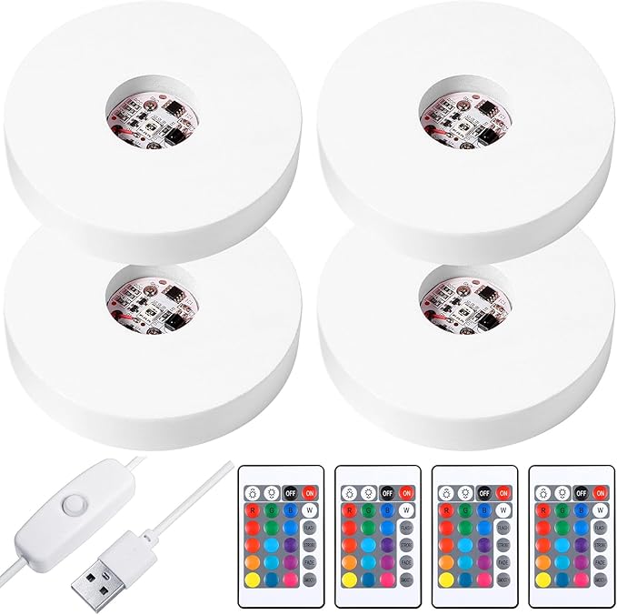 Riakrum 4 Pieces Wood LED Display Light Base Crystal Display Base Stand Remote Control Round 16 Lighting Modes Wooden Lighted Holder Colorful Pedestal for Crystal Glass Resin Ball(White)