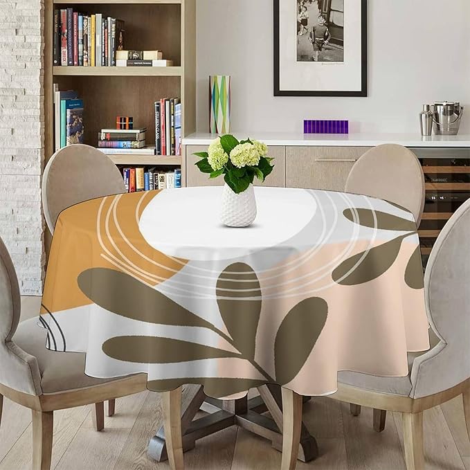 Boho Mid Century Round Tablecloth, Bohemian Abstract Modern Leaves Tablecloth for Home Party Dining Room Kitchen Decor 60Inch(152cm)
