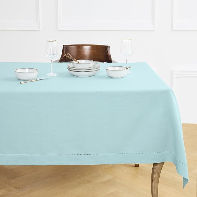 Solino Home Linen Tablecloth for Rectangle Tables 60 x 90 Inch - Classic Hemstitch 100% Pure Linen Aqua Blue Table Cloth - Machine Washable Cloth Tablecloth for Spring, Easter
