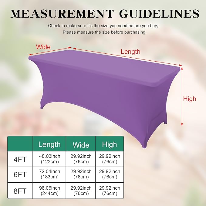 6Pack 8FT Table Cloth for Rectangular Fitted Events Stretch Light Purple Table Covers Washable Spandex Tablecloth Protector for Party, Wedding, Cocktail, Banquet, Festival