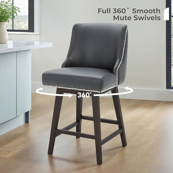 CHITA Counter Height Swivel Bar Stools Set of 2, FSC Certified Upholstered Counter Stools, Modern Swivel Barstools with Wood Legs for Kitchen Island, 26" Seat Height, Faux Leather in Black