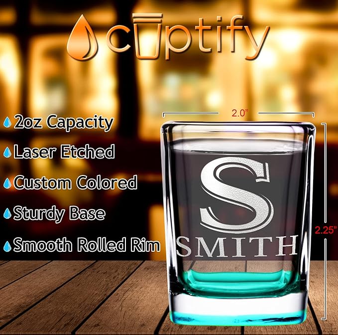 Personalized Glasses Set of 2 Initial and Name 2oz Teal Bottom Etched Square Shot Glass Engraved with Custom Text Birthday Gift for Men and Women