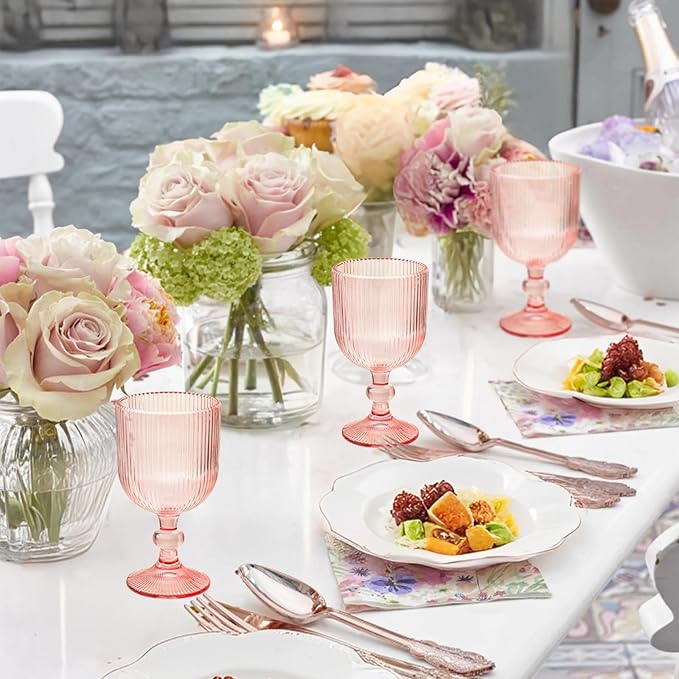 Pink Vintage Wine Glasses Set of 6, 11 Ounces Colored Glass Water Goblets, Unique Embossed Pattern High Clear Stemmed Glassware Wedding Party Bar Glass Drinking Cups Fancy Glasses Hand Wash Only
