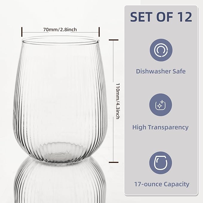 Stemless Wine Glasses Set of 12, 17Oz Red/White Wine Glasses with No Stem, Strip Textured Glassware Set, Dishwasher Safe, Ideal for Daily Use, Home Bar, Birthdays, Housewarming Gift