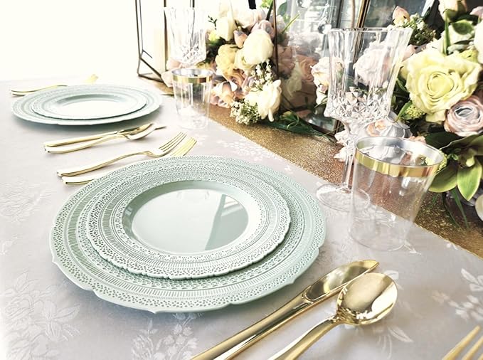 " OCCASIONS " 640pcs set (80 Guests)-Extra Heavyweight Vintage Wedding Disposable/Reusable Plastic Plates 80 x 11'' + 80 x 8.25''+Silverware+Cups+Napkins (Chateau in Mint)