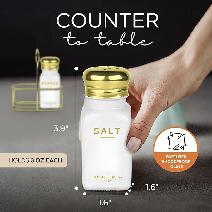Luxury Salt and Pepper Shakers Set with Holder by Brighter Barns - Modern Kitchen Essentials, White and Gold Kitchen Accessories - Vintage Glass Shakers with Caddy for Restaurant, Airbnb (White/Gold)