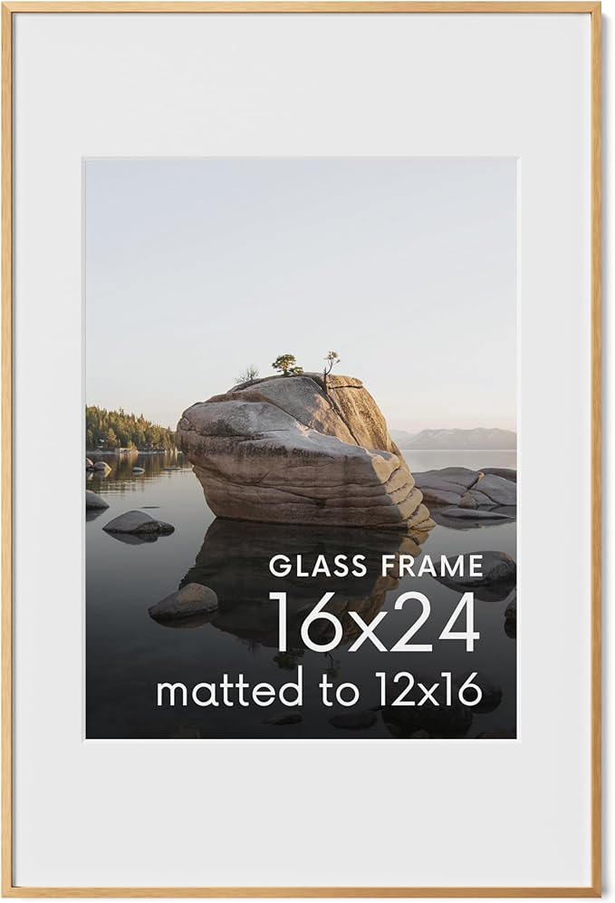 HAUS AND HUES 16x24 Picture Frame with Real Glass & Brass Premium-Grade Metal Matted to 12x16 - Aluminum 16 by 24 poster frame - Includes Hanging Kit - Ideal for Home, Office (16x24 in, Brass)