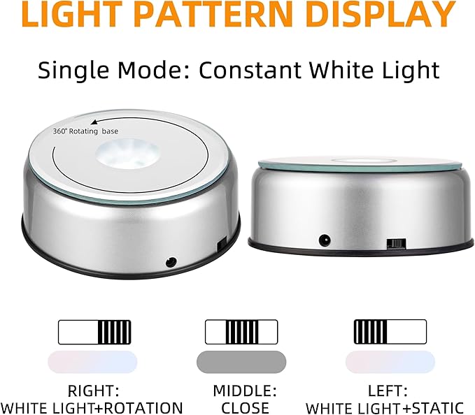 EUSTUMA Rotating LED Display Base Colorful Light Crystal Display Base Stand,Lighted Up Stand Color Changing Small LED for 3D Glass Crystal Art,Holiday Party Decoration. (A-Silver-White Light)