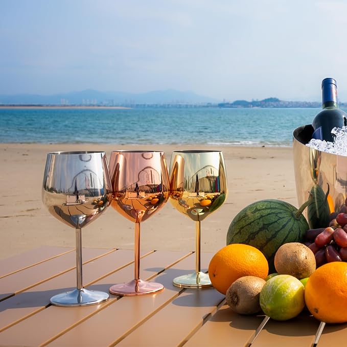 Stainless Steel Wine Glasses Set of 2, 18 oz Unbreakable Rose Glod Wine Glass Unique Metal Wine Goblets for Outdoor Capming and Pool Gift for Wine Lovers