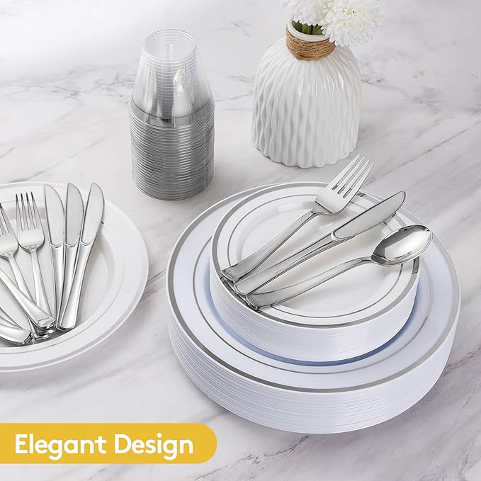 Goodluck 150 Pieces Silver Disposable Plates for 25 Guests, Plastic Party, Wedding, Dinnerware Set of Dinner Plates, Salad Spoons, Forks, Knives, Cups