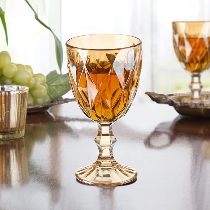 12 Pcs Vintage Wine Glasses, 10 Ounce Colored Glass Water Goblets, Unique Embossed Pattern High Clear Stemmed Glassware Wedding Party Bar Glass Drinking Cups Fancy Wine Glasses Amber Set of 12