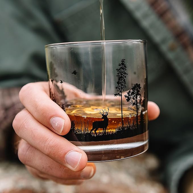 Black Lantern Whiskey Glass Set of 4 – 11oz Old Fashioned Bourbon, Scotch & Cocktail Tumblers with Forest Animal Nature Design | Premium Heavy-Base Barware