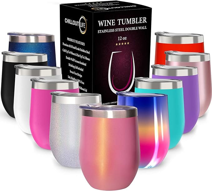 CHILLOUT LIFE 12 oz Stainless Steel Tumbler with Lid & Gift Box - Wine Tumbler Double Wall Vacuum Insulated Travel Tumbler Cup for Coffee, Wine, Cocktails, Ice Cream - PINK SPARKLE