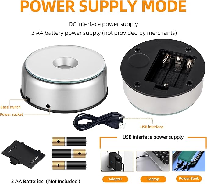 EUSTUMA Rotating LED Display Base Colorful Light Crystal Display Base Stand,Lighted Up Stand Color Changing Small LED for 3D Glass Crystal Art,Holiday Party Decoration. (A-Silver-White Light)