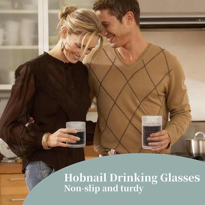 Colored Hobnail Drinking Glasses Set of 8，15 oz Vintage Highball Glassess & 12 oz Cocktail Glasses，Drinkware Kitchen Glasses for Cocktail, Iced Coffee, Beer, Ice Tea, Wine, Whiskey, Water