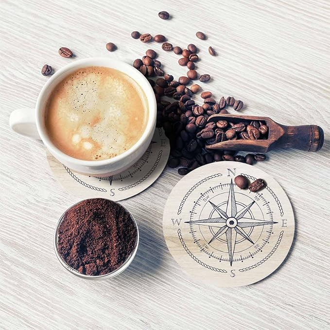 Compass Wind Rose Coaster for Drinks Individual Vintage Marine Geography Exploration Sign Wooden Background Presents for Housewarming Birthday and Family 100% Diatomite 4''X 4'',2 Pack