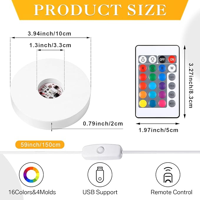 Riakrum 4 Pieces Wood LED Display Light Base Crystal Display Base Stand Remote Control Round 16 Lighting Modes Wooden Lighted Holder Colorful Pedestal for Crystal Glass Resin Ball(White)