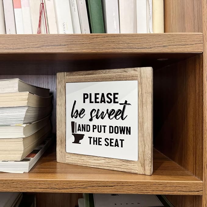Wooden Box Signs for Home Decor, Funny Bathroom Sign, Please Be Sweet and Put Down the Seat Sign, Farmhouse Bathroom Decor Tabletop, Rustic Bathrooms Signs
