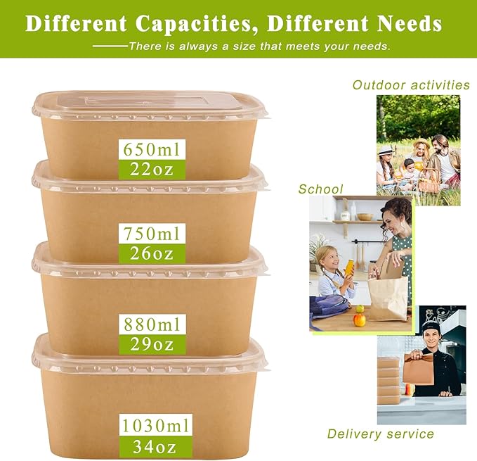 50-Pack 29oz Kraft Paper Bowls Disposable with Lids and Wooden Forks, Disposable Meal Prep Containers Paper Food Prep Containers with Lids, To Go Container for Hot Soup/Salad, Freezer & Microwave Safe