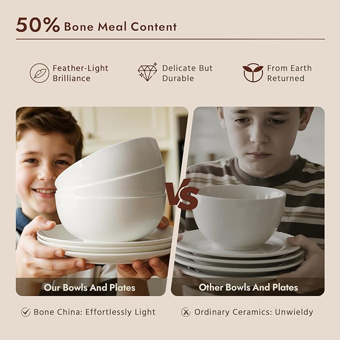 KINGSTONE 12-Piece Bone China Dinnerware Set for 4, Lightweight and Durable, Microwave and Dishwasher Safe, White Plates and Bowls for Everyday Use