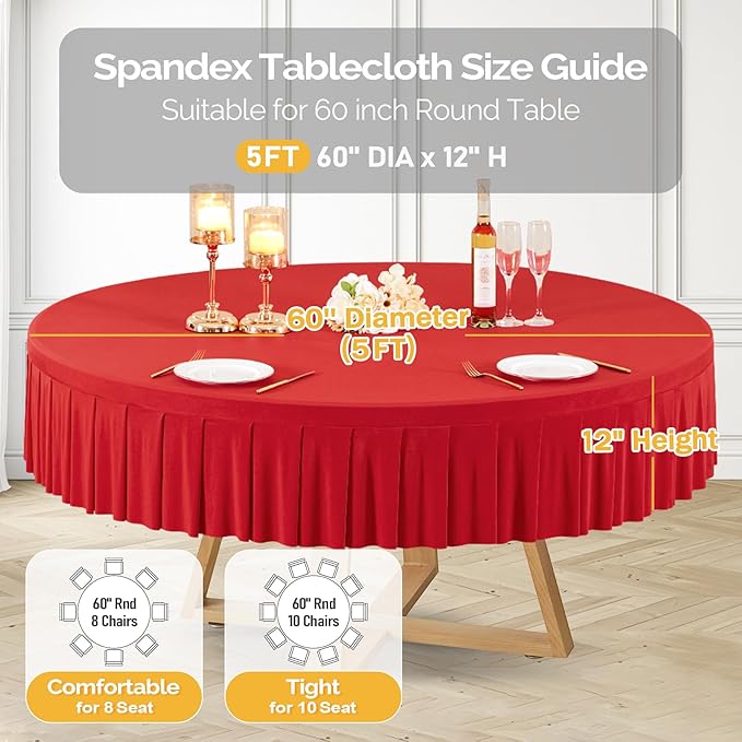 1 Pack Red Spandex Round Tablecloths for 60 inch Table, Stretchy Fitted 5FT Round Table Cloth with Wrinkle Free Skirt for Wedding Party Dining Banquet