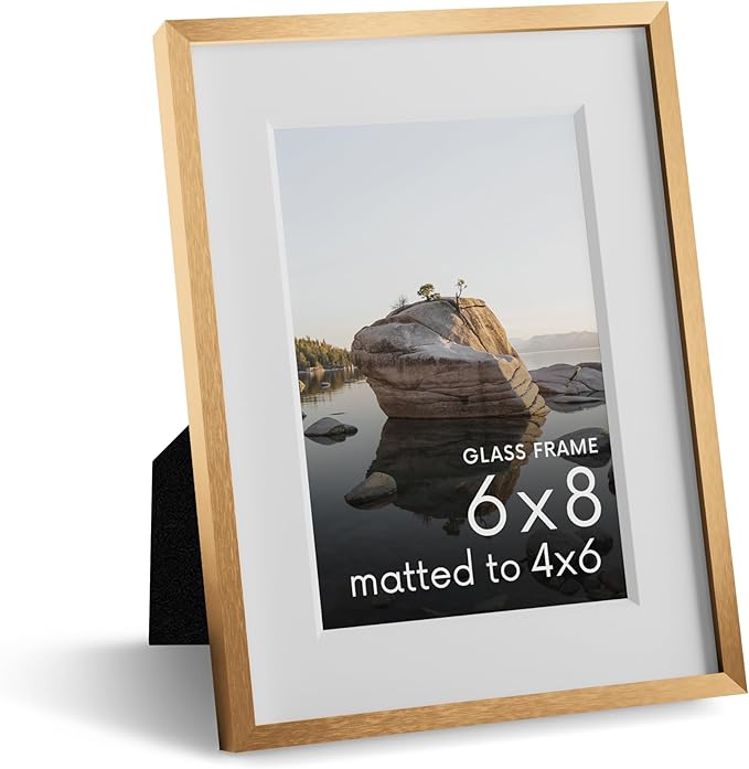 HAUS AND HUES 6x8 Picture Frame with Real Glass & Brass Premium-Grade Metal Matted to 4x6 - Aluminum 6x8 Picture Frame - Includes Easel Back, Hanging Kit - Ideal for Home, Office (6x8 in, Brass)