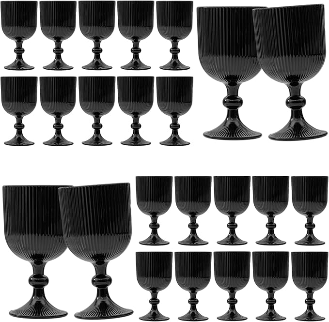 24 Pcs Black Vintage Wine Glasses, 11 Ounces Colored Glass Water Goblets, Unique Embossed Pattern High Clear Stemmed Glassware Wedding Party Bar Glass Drinking Cups Fancy Glasses Set Hand Wash Only