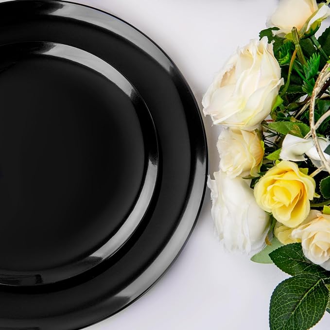 PULOTE 100PCS Black Plastic Plates Disposable - Premium Heavy Duty 50 Black Dinner, 50 Dessert/Salad Plates - Ideal for Party, Halloween